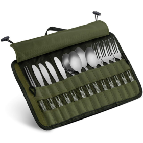 13 Piece Stainless Steel Family Cutlery Picnic Utensil Set with Travel Case for Camping | Hiking | BBQs