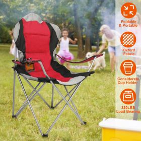 Foldable Camping Chair Heavy Duty Steel Lawn Chair Padded Seat Arm Back Beach Chair 330LBS Max Load with Cup Holder Carry Bag (Option: Red)