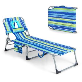 Folding Beach Lounge Chair with Pillow for Outdoor (Color: Blue & Green)