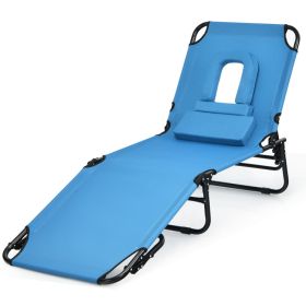 Outdoor Folding Chaise Lounger with Hand Rope and Detachable Pillow (Color: Blue)