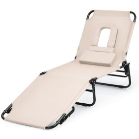 Outdoor Folding Chaise Lounger with Hand Rope and Detachable Pillow (Color: Beige)