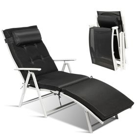 Adjustable Outdoor Lightweight Folding Chaise Lounge Chair with Pillow (Color: Black)