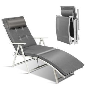 Adjustable Outdoor Lightweight Folding Chaise Lounge Chair with Pillow (Color: Gray)