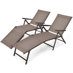 2 Pieces Foldable Chaise Lounge Chair with 2-Position Footrest (Color: Brown)