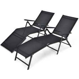 2 Pieces Foldable Chaise Lounge Chair with 2-Position Footrest (Color: Black)