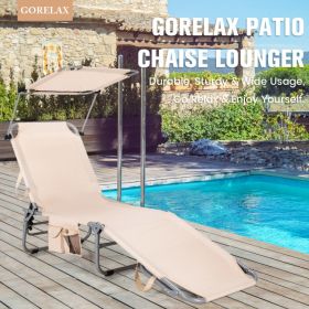 5-Position Adjustable Outdoor Recliner Chair with Canopy Shade (Color: Beige)