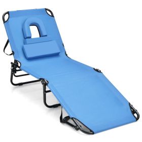 Beach Chaise Lounge Chair with Face Hole and Removable Pillow (Color: Blue)